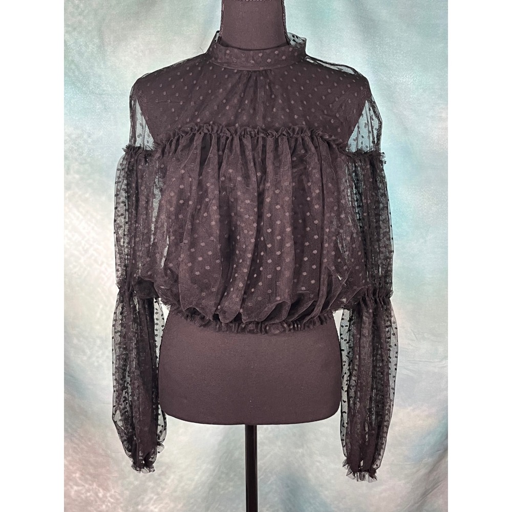 Impulsive Black Swiss Dot Sheer‎ Mesh Mock Neck Ruffle Blouse Womens Large